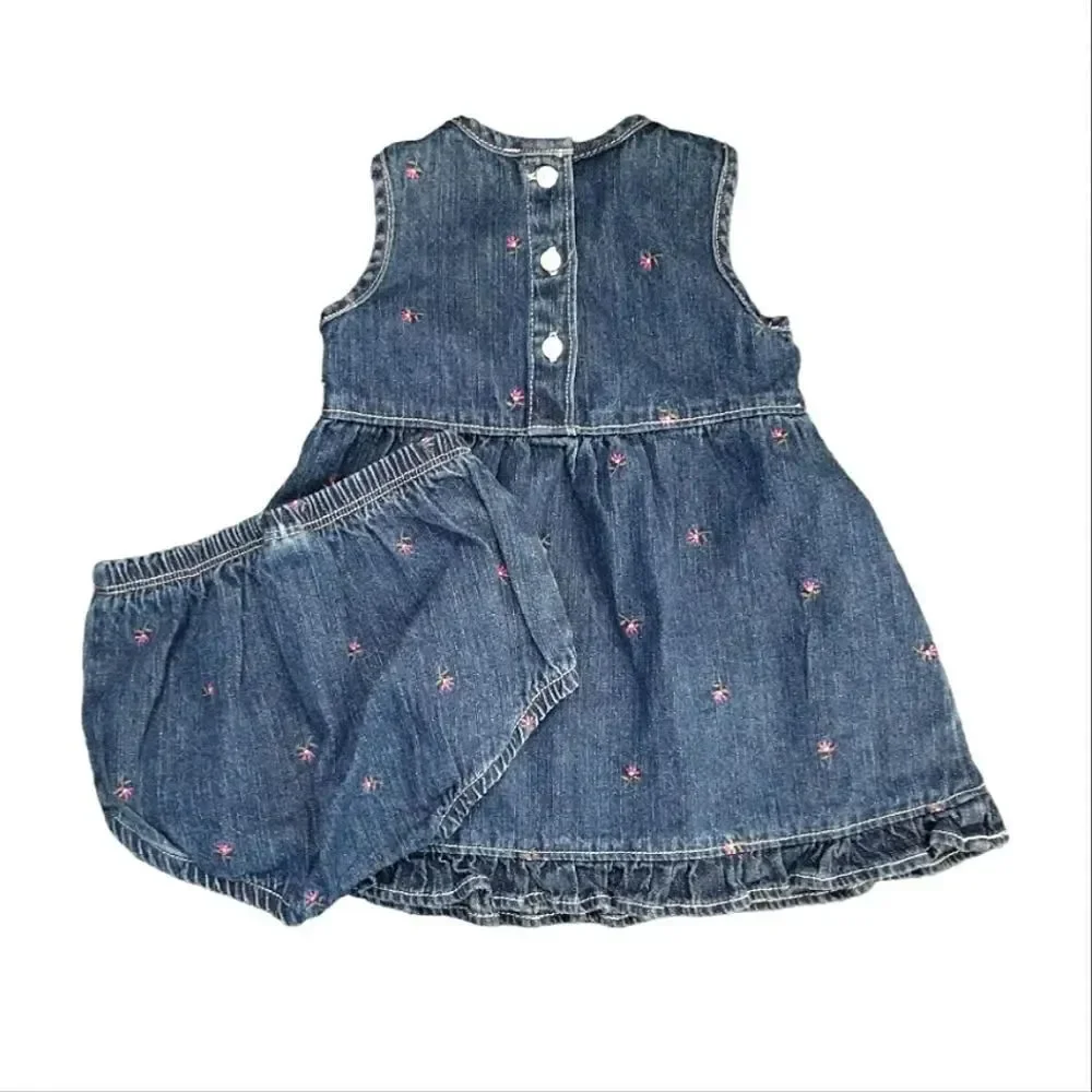 VTG OshKosh 2 Piece Floral Denim‎ Jean Jumper Dress Girl's 6-9mos